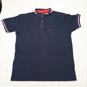 ARRAY JNS CO Mens XL Polo Shirt Navy Blue Red White Striped Pocket Short Sleeve